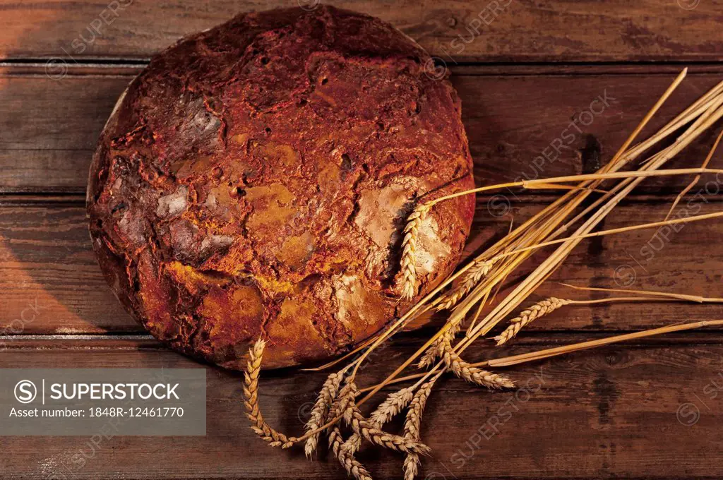 Freshly baked farmhouse bread with wheat ears, on wood