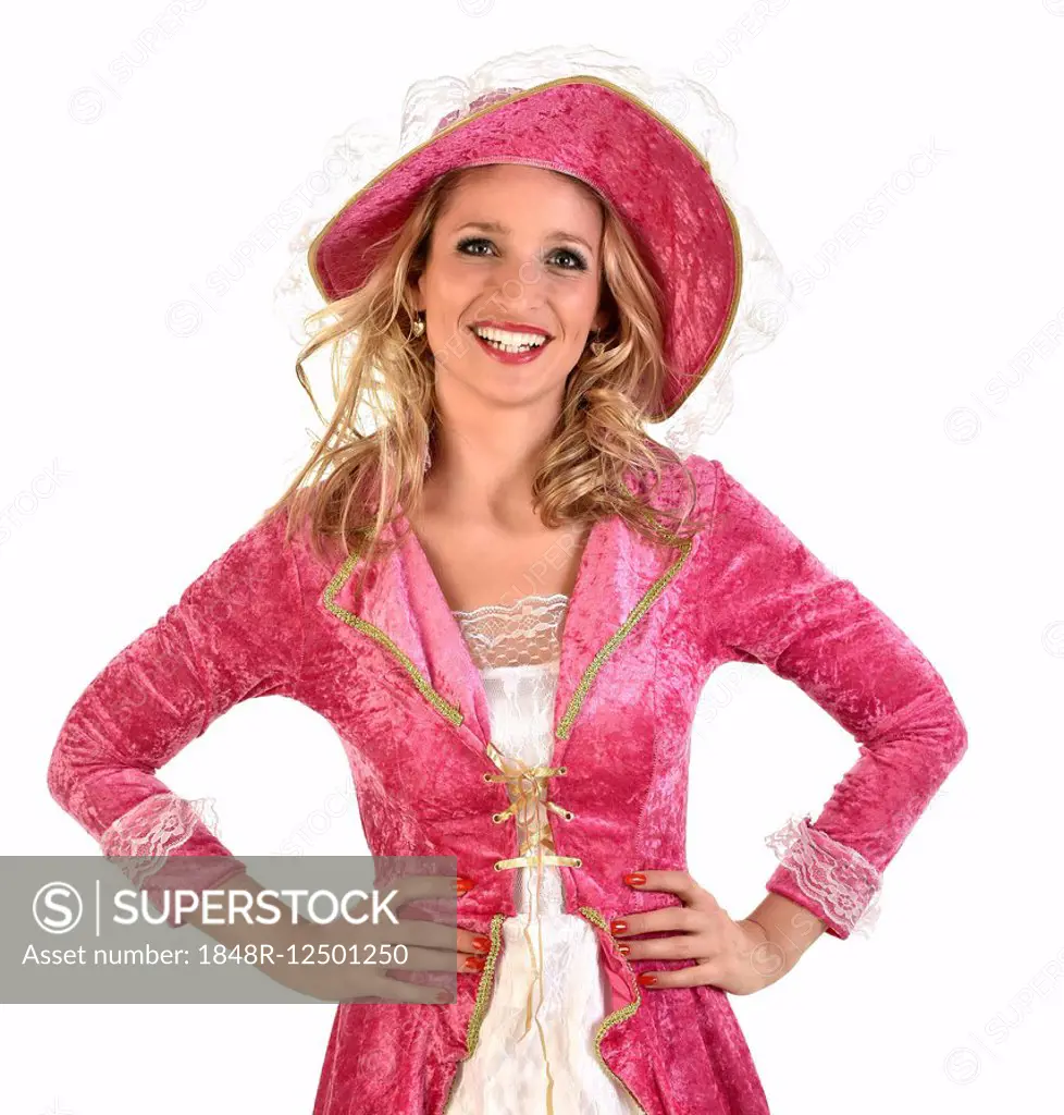 Young blonde woman wearing a pink and white costume
