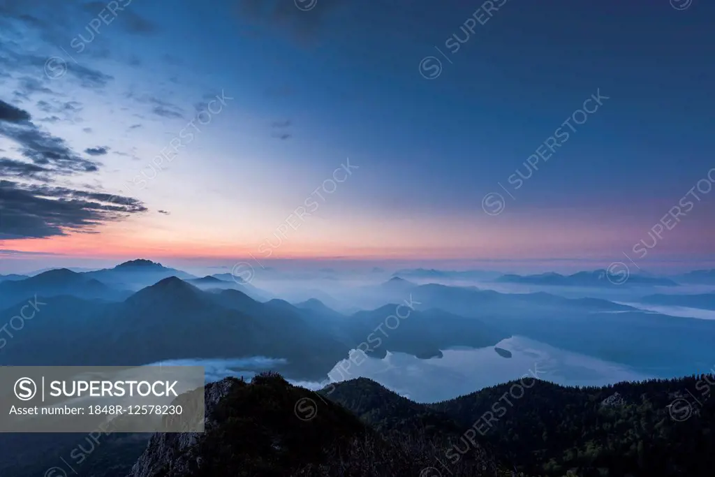 Sunrise above Walchensee and Bavarian Alps, Herzogstand, Upper Bavaria, Bavaria, Germany