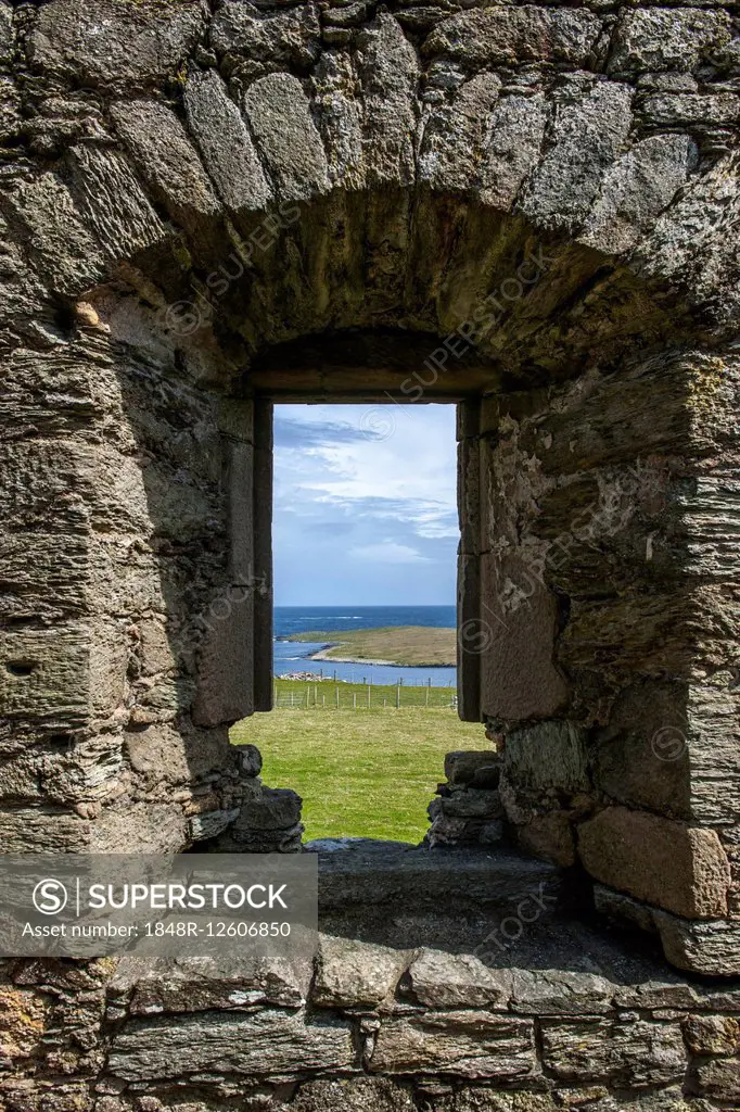 Muness Castle ruins, view from a window, Muness, Unst, Shetland, Scotland, United Kingdom