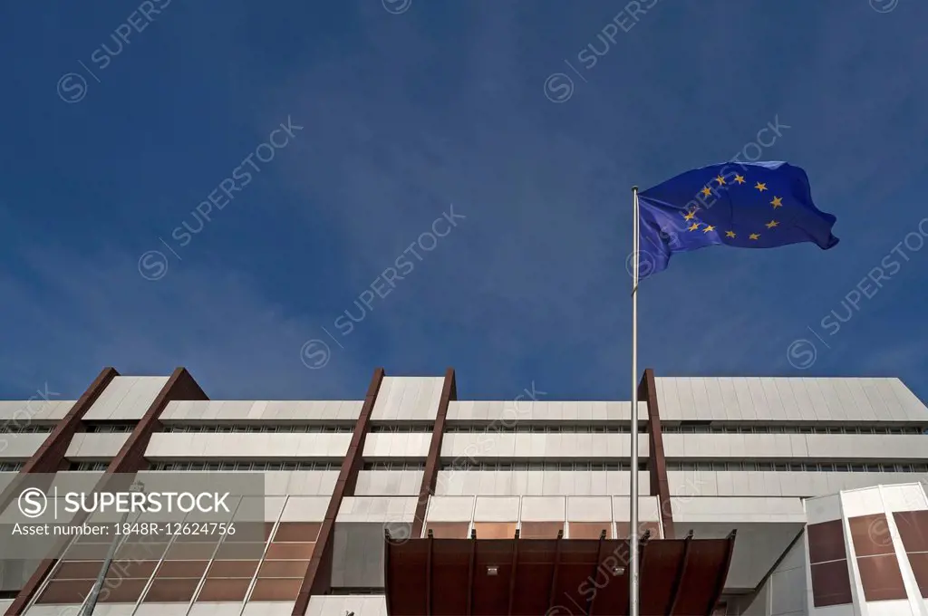 Waving Europe flag in front of the building of the Council of Europe, Strasbourg, Alsace, France