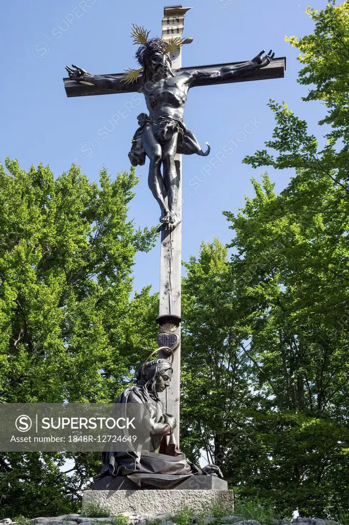 Jesus on the cross and figure of a saint, Calvary, Bad Tölz, Upper Bavaria, Bavaria, Germany
