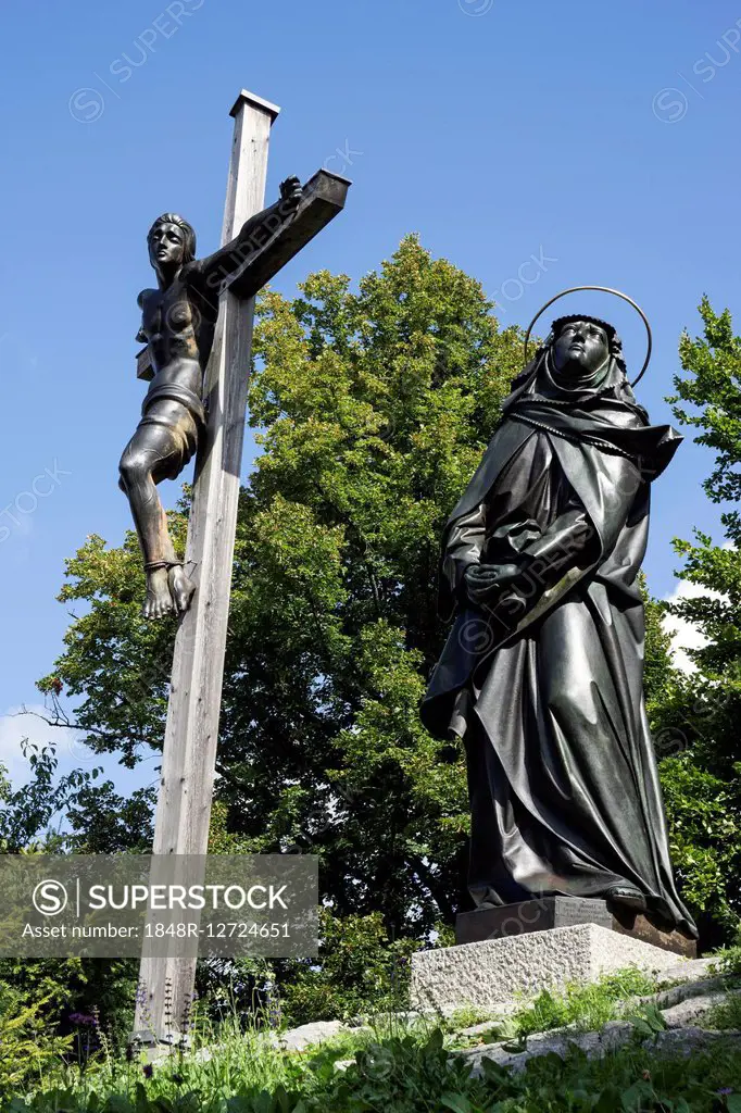 Cross and holy figure, Calvary, Bad Tölz, Upper Bavaria, Bavaria, Germany