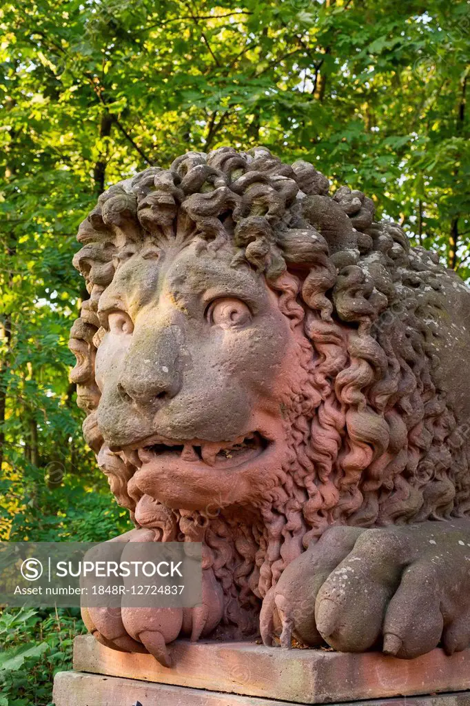 Stone lion at the gateway to Castle Lowenstein, Kleinheubach, Lower Franconia, Franconia, Bavaria, Germany