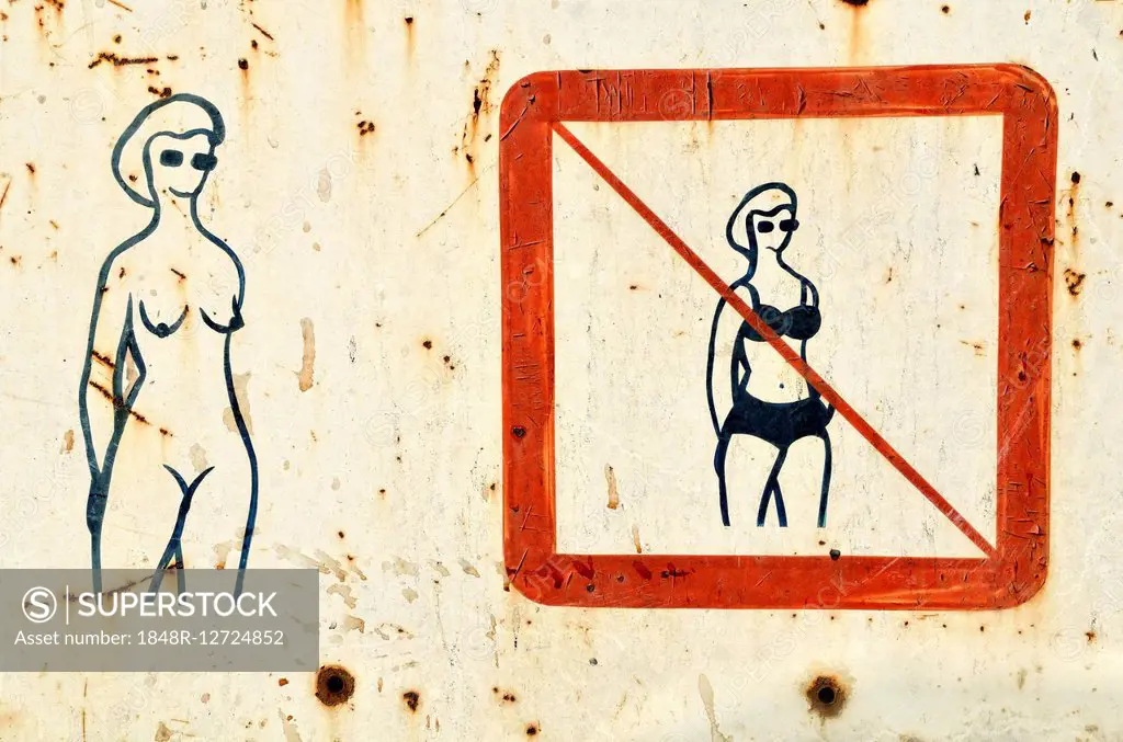 Old sign on a nude beach, nude only, Germany