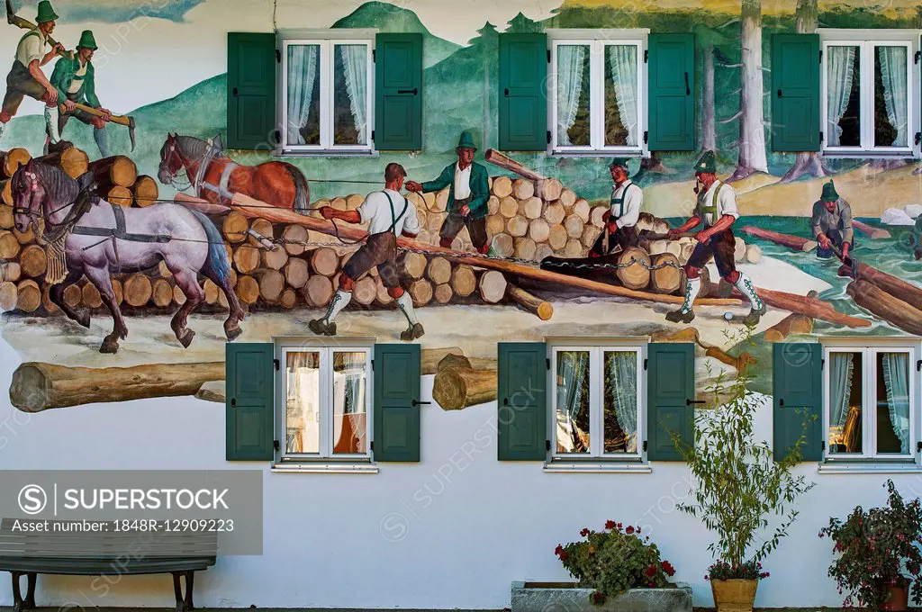 Lüftlmalerei on a farmhouse, wall painting, timber transport, Jachenau, Bavaria, Upper Bavaria, Germany