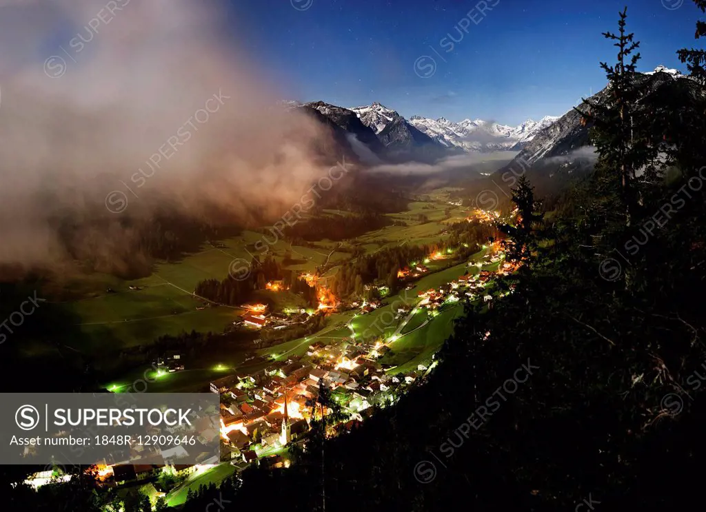 Trins at night with starry sky, Stubai Alps behind, Gschnitztal Valley, Tyrol, Austria