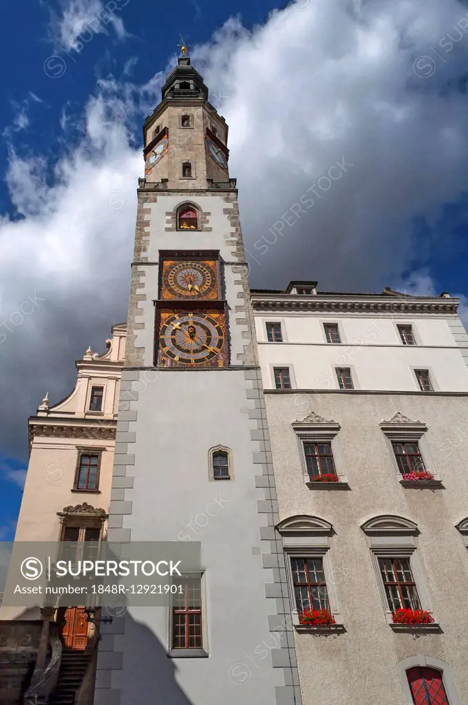Old town hall tower, two clock towers, Görlitz, Upper Lusatia, Saxony, Germany