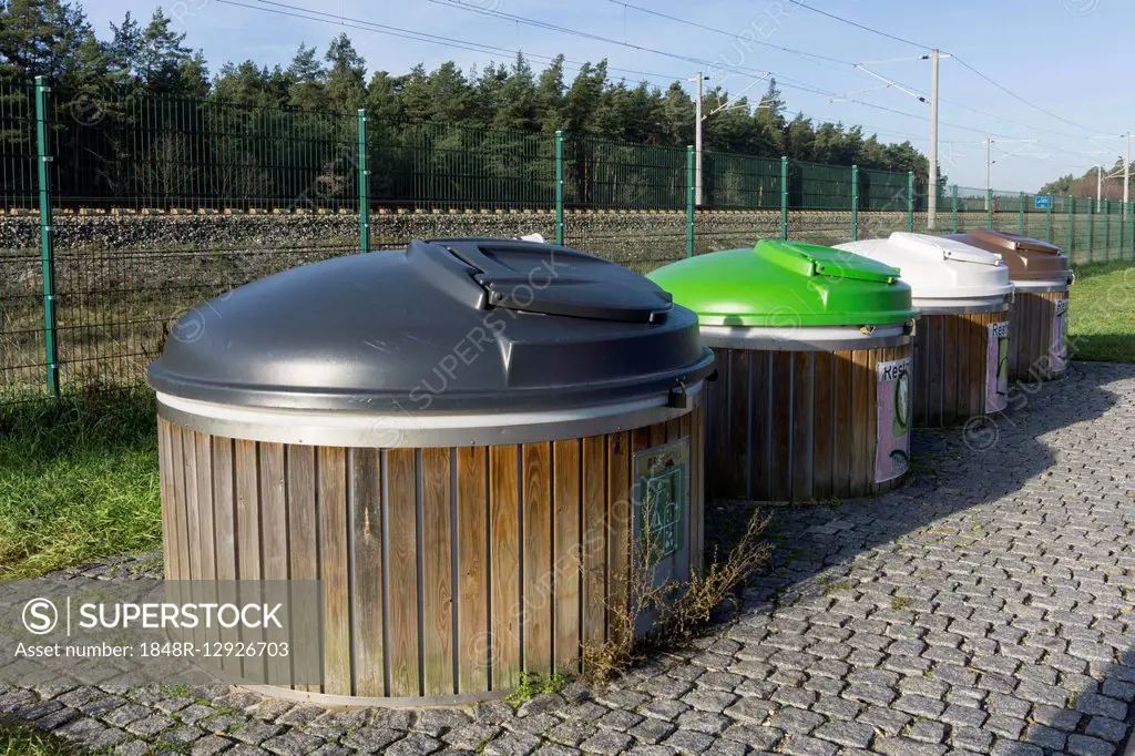 Waste separation, waste containers, motorway lay-by, Bavaria, Germany