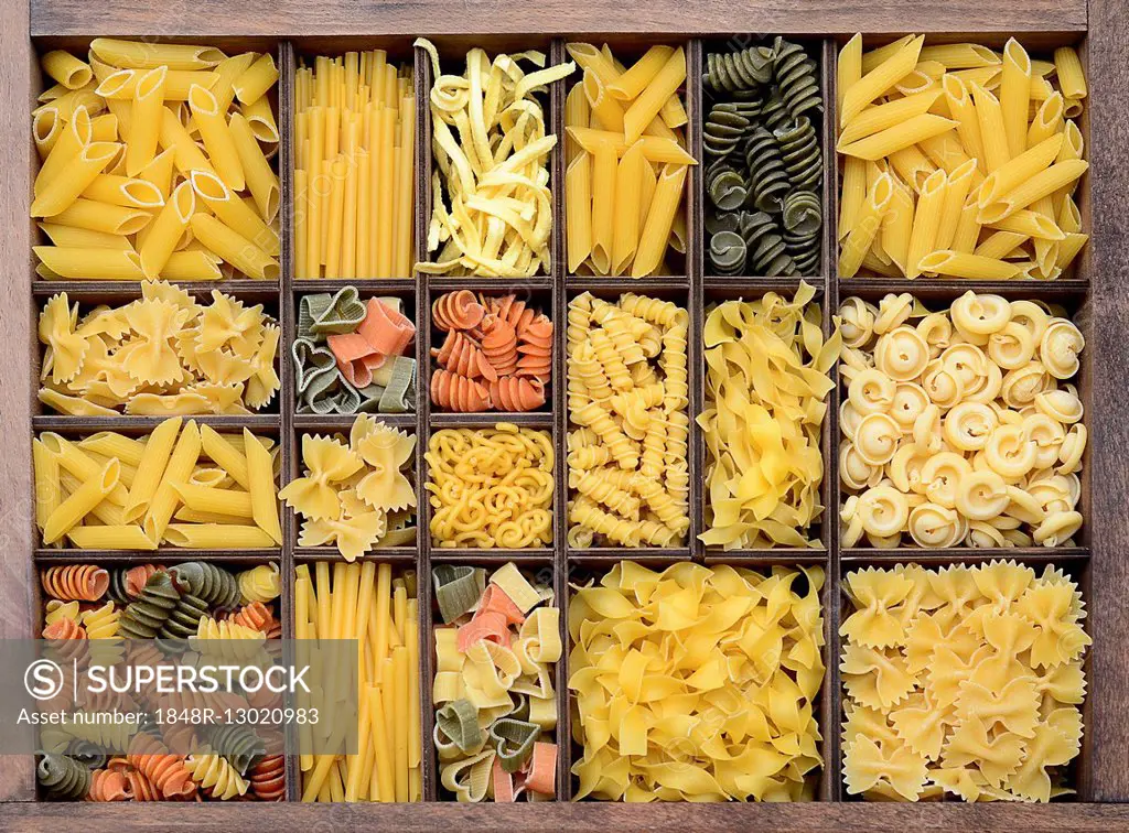 Pasta, various types of pasta in a type case