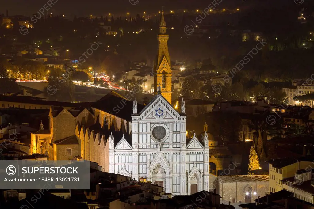 Santa Croce Church with historic centre, Night Scene, Florence, Tuscany, Italy