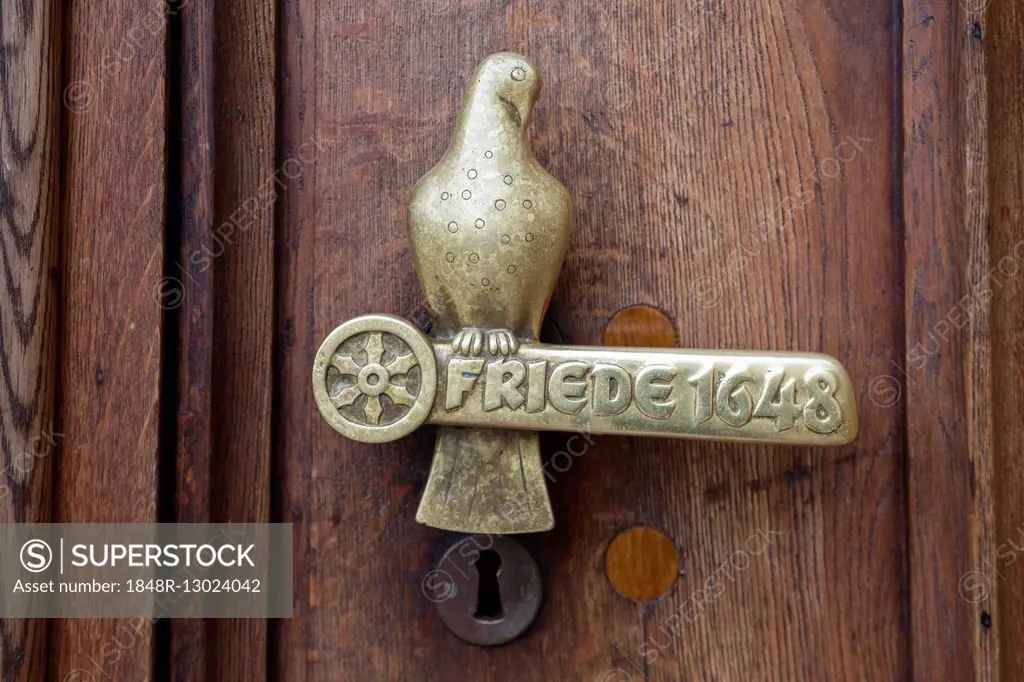 Door handle with lettering, Peace 1648, Peace of Westphalia, City hall, Osnabrück, Lower Saxony, Germany