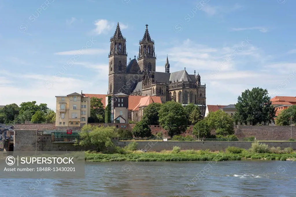Magdeburg Cathedral with Elbe, oldest Gothic building in Germany, Magdeburg, Saxony-Anhalt, Germany