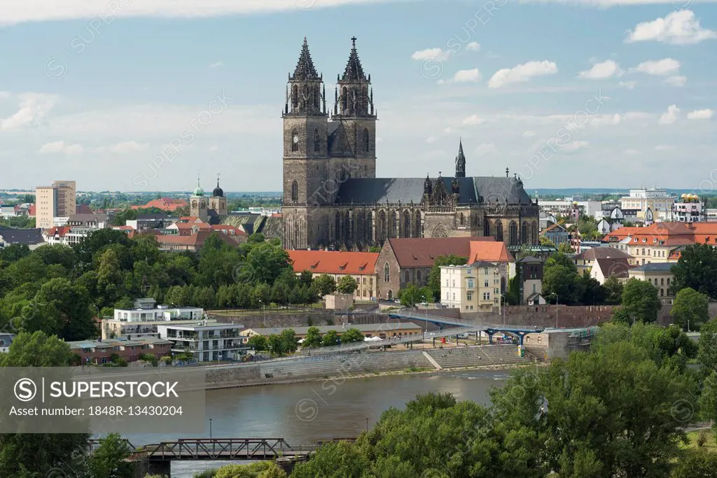 Cityscape with Magdeburg Cathedral and Elbe, the oldest Gothic building in Germany, Magdeburg, Saxony-Anhalt, Germany