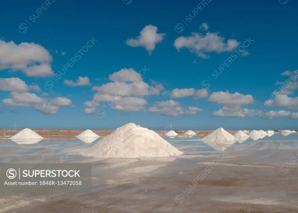 Salt works at the salt marshes of Sabkhat Tazra in the Khenifiss National Park near the coast of the Atlantic Ocean east of Tarfaya, Southwest Morocco