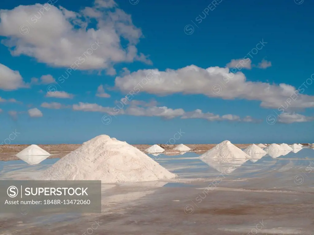 Salt works at the salt marshes of Sabkhat Tazra in the Khenifiss National Park near the coast of the Atlantic Ocean east of Tarfaya, Southwest Morocco