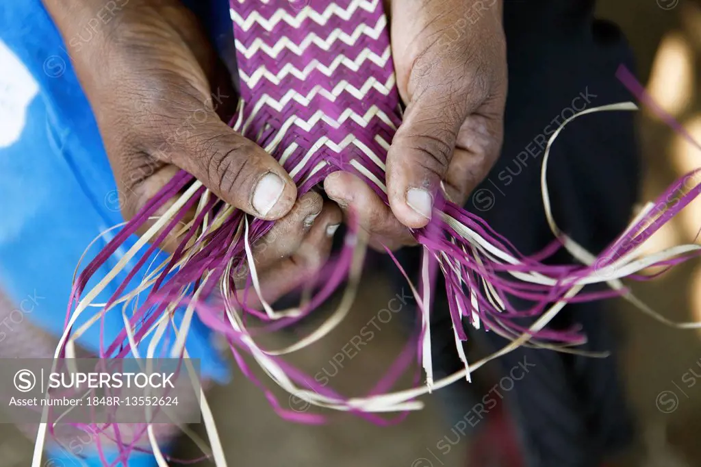 Hands of a woman weaving a mat, ethnic group of Pokomo, Pokomo settlement, Mbelezoni, Tana River Delta, Kenya