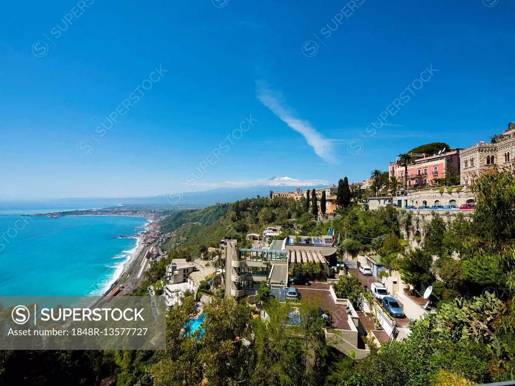 View on the coast of Taormina and Mount Etna, Taormina, Sicily Italy