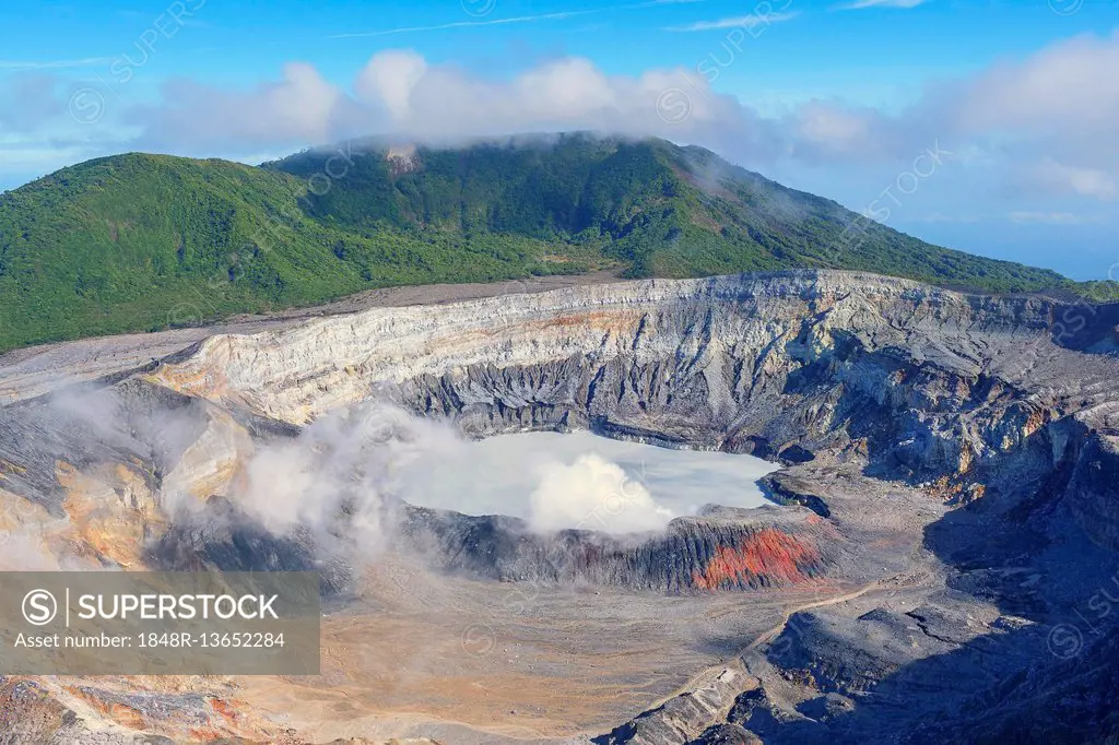 Caldera with crater lake, steam rising from Poas Volcano, Poas Volcano National Park, Costa Rica