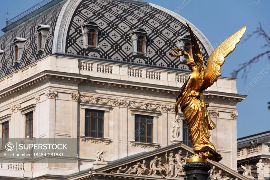Friedensengel of Liebenberg statue, angel of peace, and Vienna University main building, Vienna, Austria, Europe