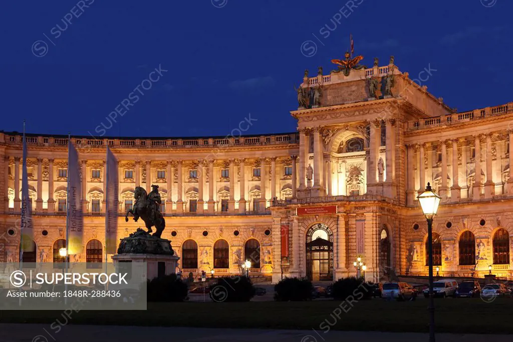 Hofburg Imperial Palace on Heldenplatz Heroes' Square, equestrian statue of Prince Eugen, Vienna, Austria, Europe