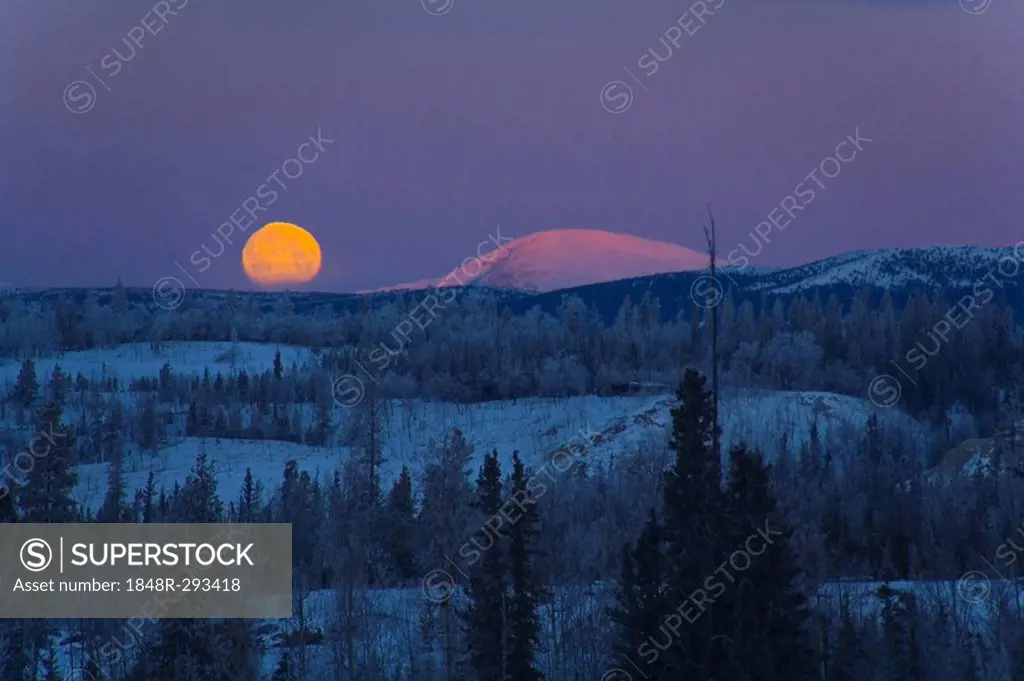 Moon rising over Takhini River valley, Ibex Mountains behind, Yukon Territory, Canada, North America