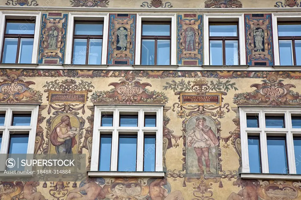 Painted house facade on the Wenceslas Square Prague Czechia