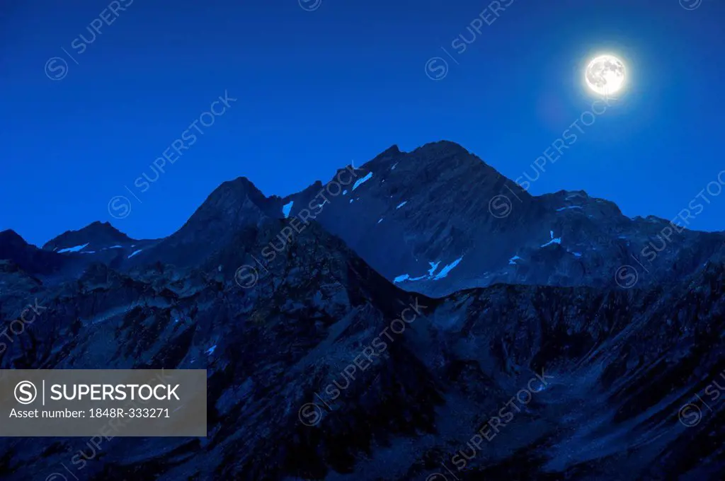Full moon over a mountain, Gaschurn, Montafon, Vorarlberg, Austria, Europe