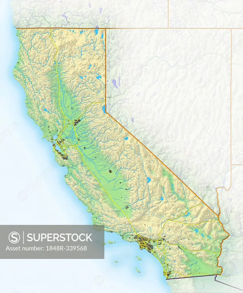 California, shaded relief map, USA
