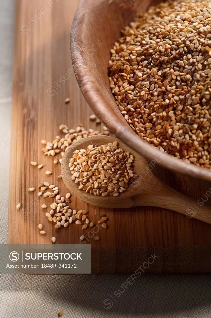 Linseeds, flax seed in a wooden bowl