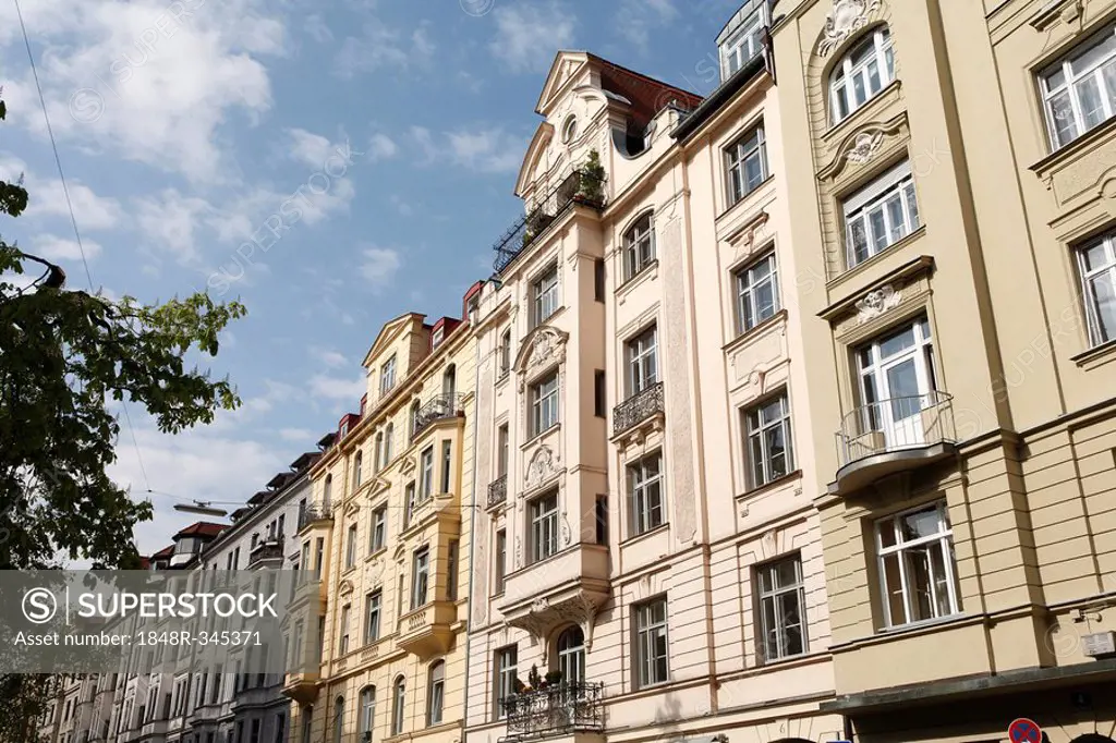 House fronts in Hans-Sachs-Strasse, Isarvorstadt, Glockenbachviertel, Munich, Bavaria, Germany, Europe
