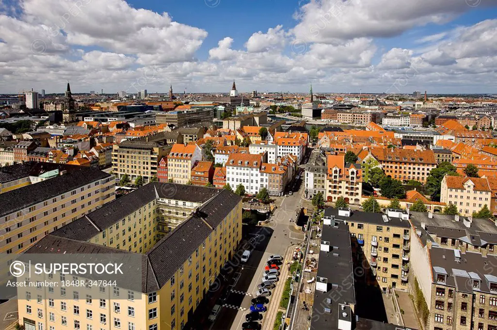View of Copenhagen from the top of Our Saviours Church, Copenhagen, Denmark, Europe