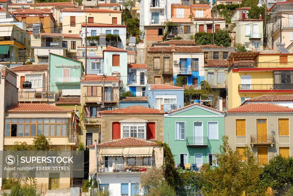 Town built on a hill, many-coloured houses, Plomari, Lesbos island, Aegean Sea, Greece, Europe