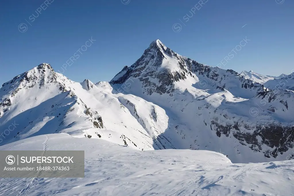 Peaks of the Brandenberger Kolm and Torhelm in the freshly snowed up, untouched Zillertaler alps Tyrol Austria