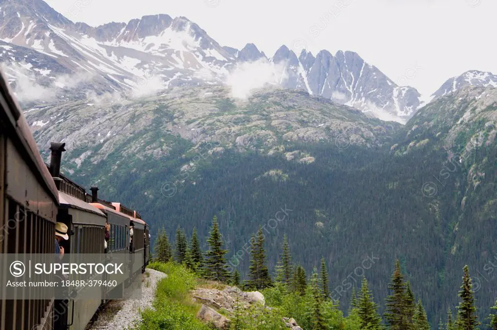 Running train, historic White Pass and Yukon Route, White Pass, near Skagway, Alaska, USA