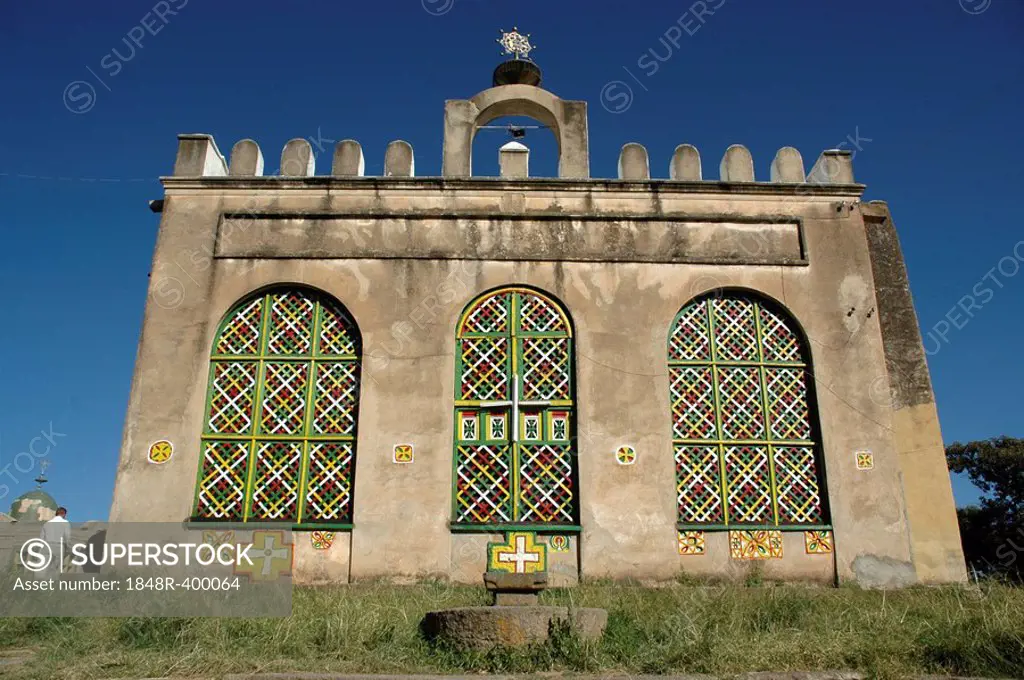 Old cathedral with crenels and colourful, latticed windows, Aksum, Ethiopia, Africa