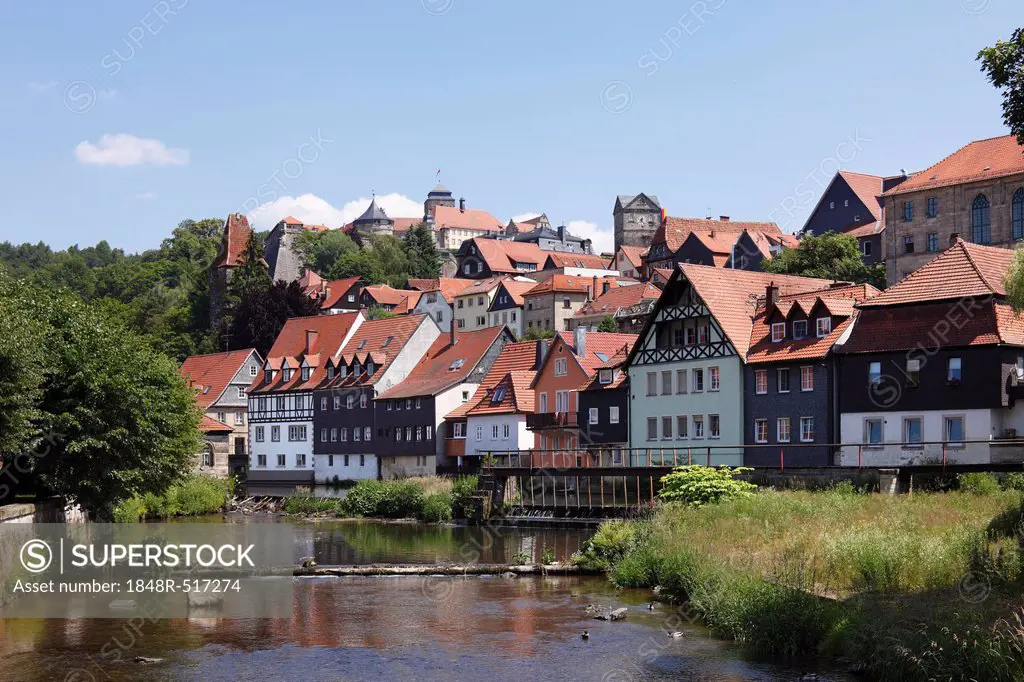 Rosenburg fortress and the historic town centre of Kronach, Hasslach River, Upper Franconia, Franconia, Bavaria, Germany, Europe