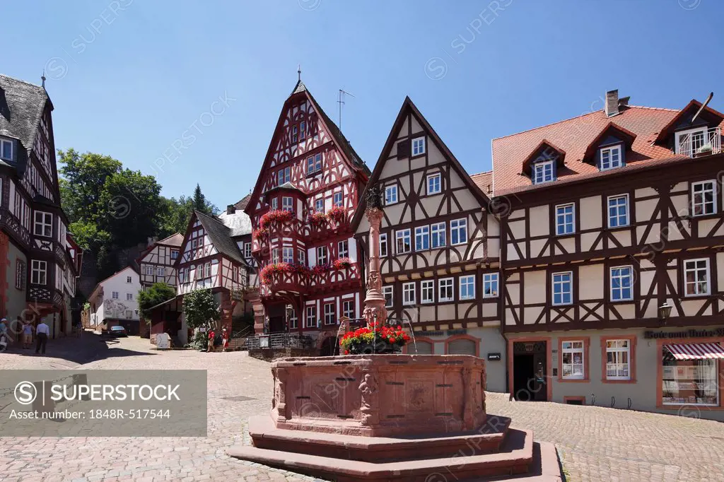 Market square with Marktbrunnen fountain and winehouse, Miltenberg, Mainfranken, Lower Franconia, Franconia, Bavaria, Germany, Europe