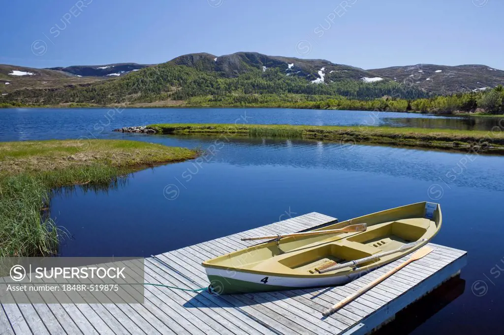 Fishing boat on the clear lake Almotjonna, Denstad, Norway, Scandinavia, Europe