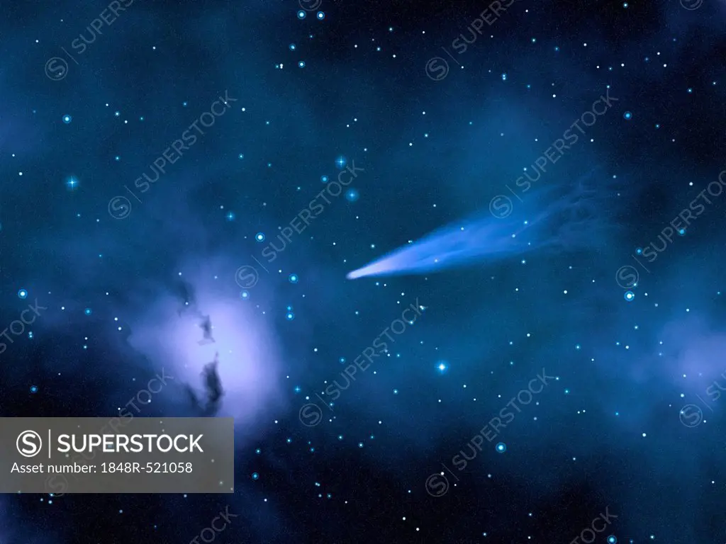 Comet and star dust in space, 3D illustration