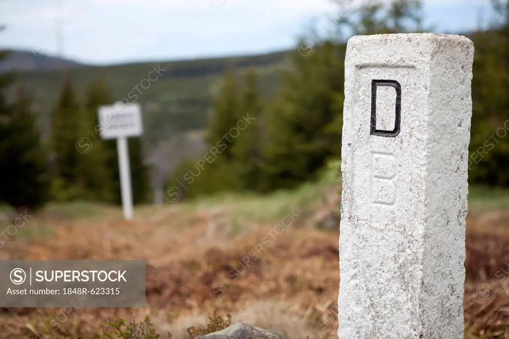 Boundary stone, border between Germany and the Czech Republic at Mt Lusen, Bavarian Forest, Bavaria, Germany, Europe