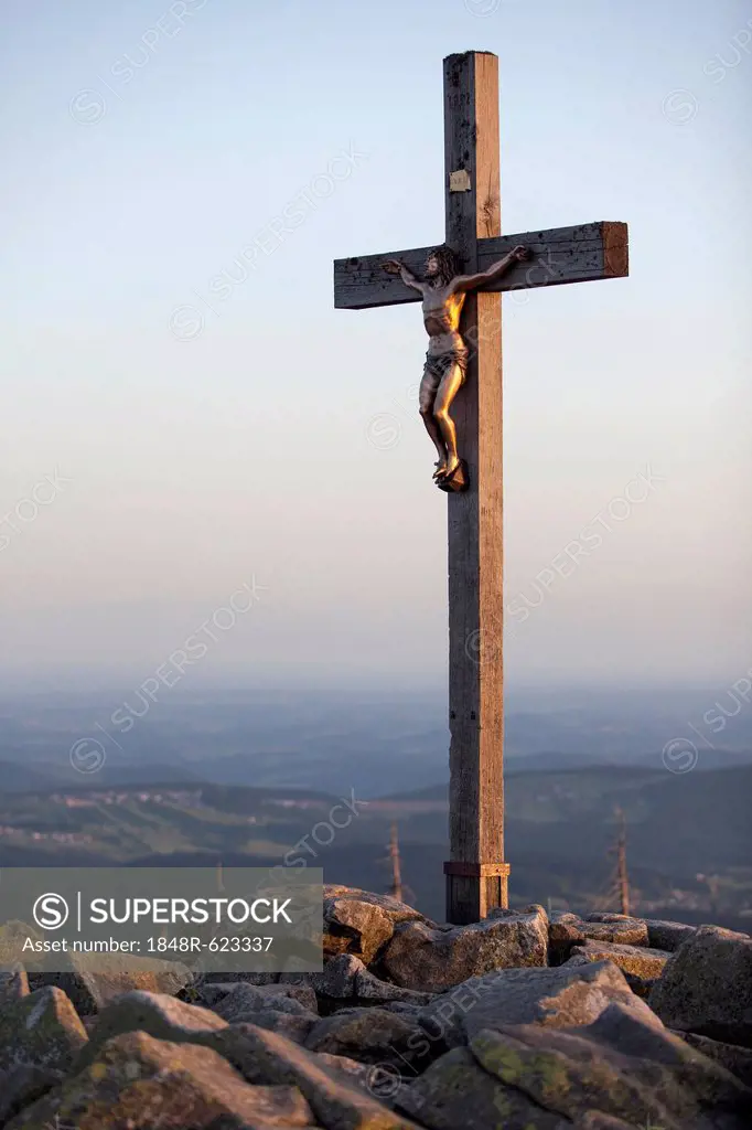 Summit cross of Mt Lusen, Bavarian Forest, Bavaria, Germany, Europe