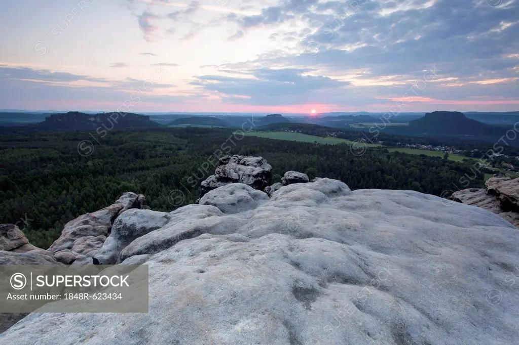 Evening mood on Mt Gohrisch with sunset, Elbe Sandstone Mountains, Saxony, Germany, Europe