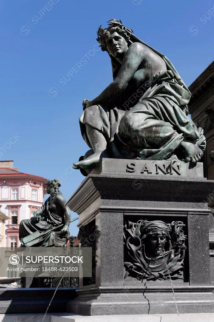 Archduke Johann Fountain, allegorical representation of the river Sann, Hauptplatz square, Graz, Styria, Austria, Europe, PublicGround