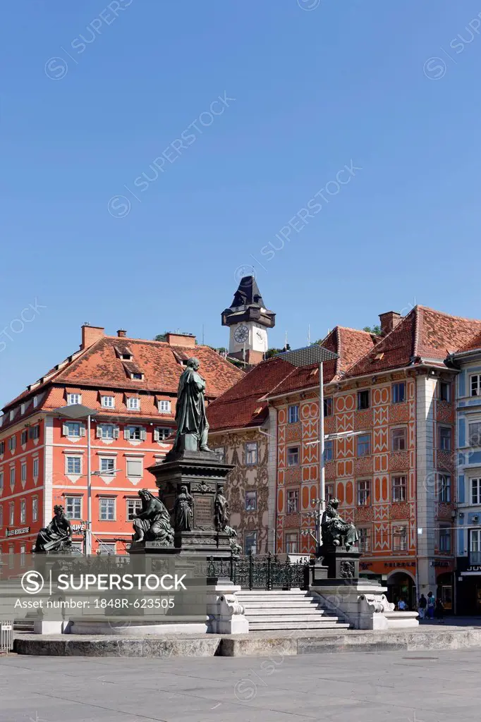 Archduke Johann Fountain in Hauptplatz square, with clock tower, Graz, Styria, Austria, Europe, PublicGround