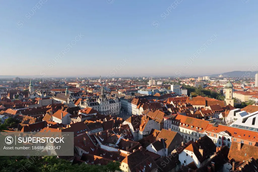 View from Schlossberg, castle hill, across Hauptplatz square with Town Hall, Graz, Styria, Austria, Europe, PublicGround