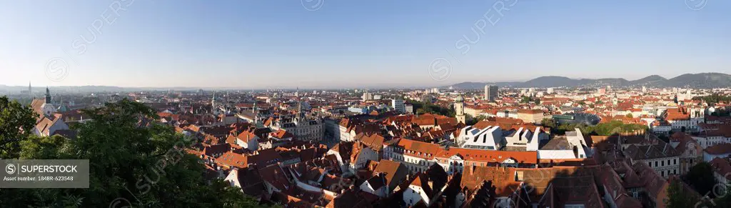 Panoramic view from Schlossberg, castle hill, cathedral, left, Town Hall, centre, Mariahilferkirche, Mariahilf Church, right, Graz, Styria, Austria, E...