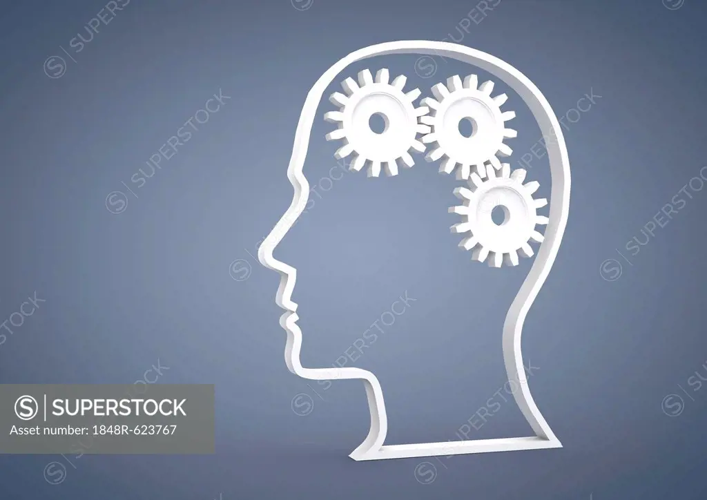 Head with gears, symbolic image for ideas, 3D illustration
