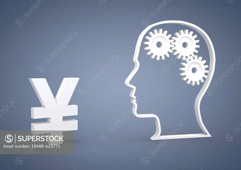 Head with gears and a yen symbol, symbolic image for clever investments, crisis, currency, 3D illustration