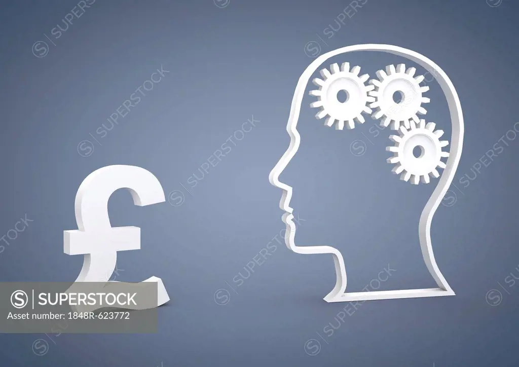 Head with gears and a pound symbol, symbolic image for clever investments, crisis, currency, 3D illustration
